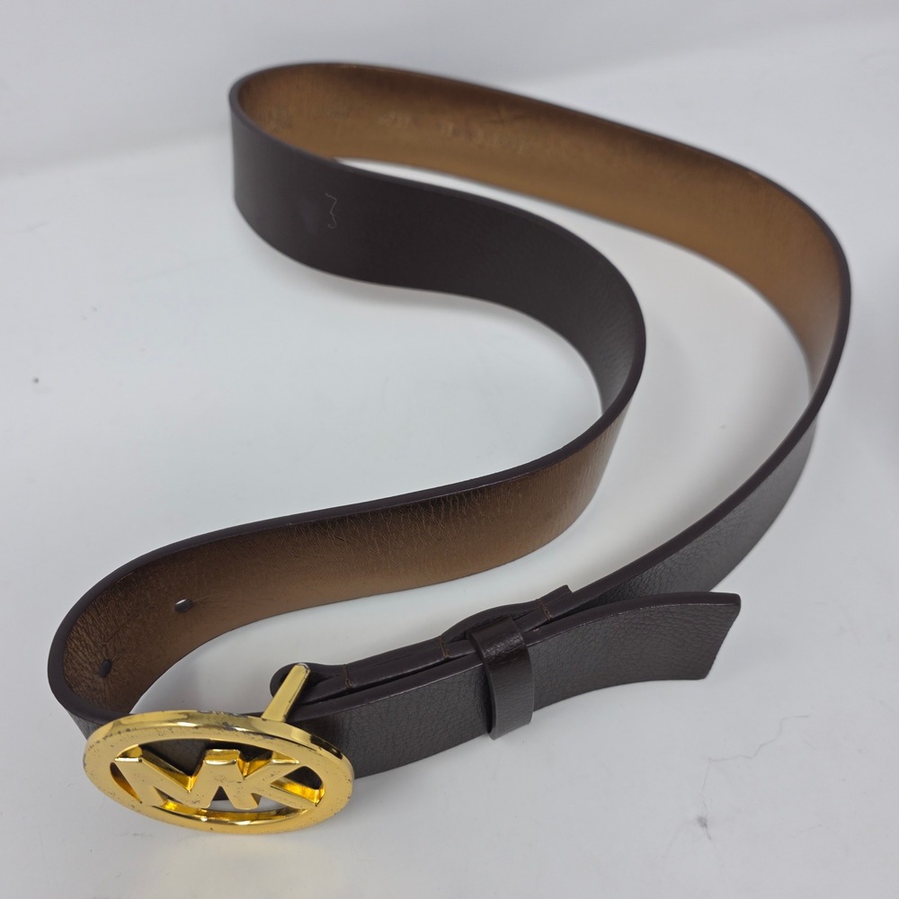 Michael Kors Belt Large MK Logo Buckle Pebble Leather Brown L Designer Classic